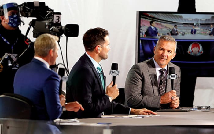Urban Meyer during game coverage for Fox Sports at the game between the Ohio State Buckeyes and the Nebraska Cornhuskers at Ohio Stadium.